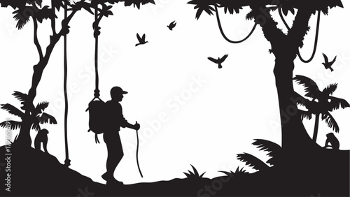 Silhouette of a hiker with backpack in a jungle landscape with monkeys and birds in black and white style | editable eps vectors