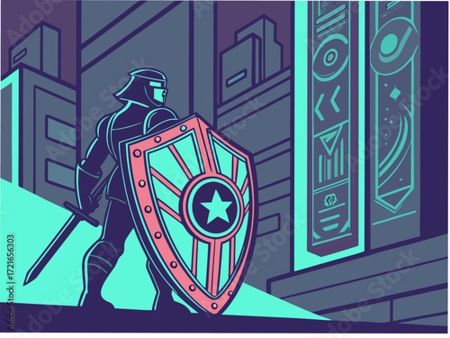 Heroic figure stands guard with shield against city skyline, embodying strength and protection in a bold, graphic style.