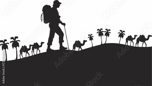 Silhouette of a traveler with camels and palm trees in a desert landscape on a white background scene | editable eps vectors