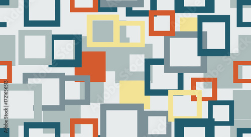Abstract pattern of overlapping squares in various colors and sizes.