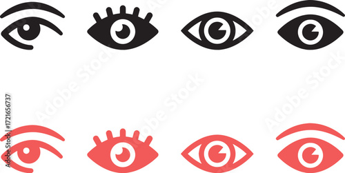 eye, vision, sight, look, observe, icon, symbol, set, collection, graphic, design, interface, ui, ux, web, app, black, red, white background, isolated, simple, modern, flat, vector, perception, glance