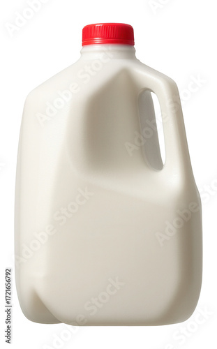 White plastic gallon milk jug with red cap.
