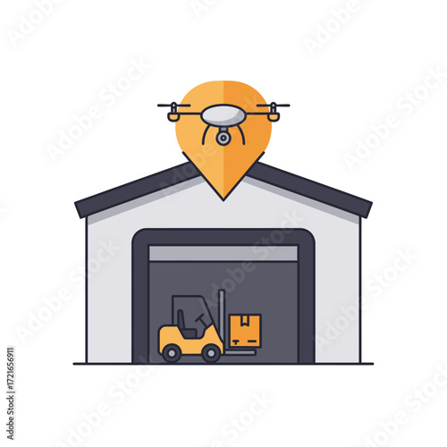 Modern logistics concept featuring a warehouse with a forklift handling goods, overseen by a delivery drone indicating smart supply chain management.
