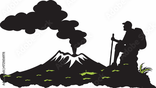 Silhouette of a hiker with a backpack watching an erupting volcano in a black and white illustration | editable eps vectors