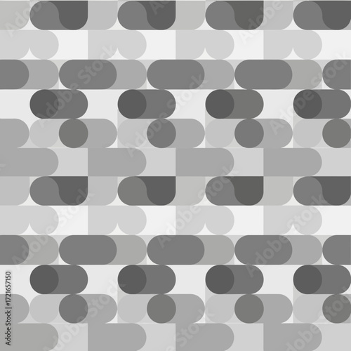 Repeating geometric pattern of rounded rectangles and circles in grayscale.