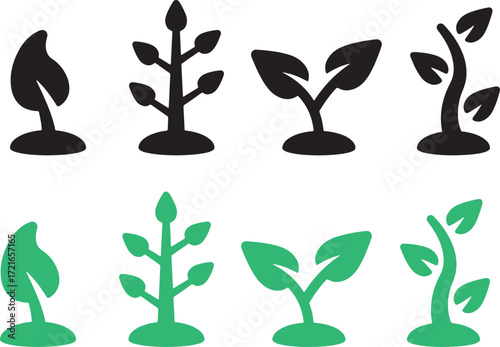 plant, sprout, seedling, growth, leaf, stem, icon, symbol, black, green, set, collection, development, nature, agriculture, organic, new life, beginning, evolution, progress, design, element, vector, 