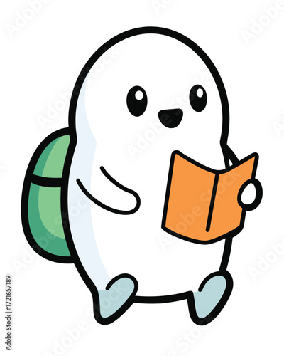 Cute cartoon character with a backpack reading a book