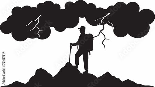 Silhouette of a hiker on a mountain peak under a stormy cloud with lightning strike illustration | editable eps vectors