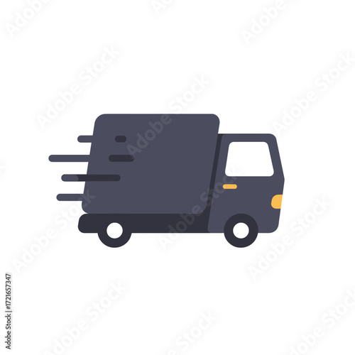 A minimalist flat design icon features a dark grey delivery truck moving swiftly, representing efficient courier services, fast shipping, and modern logistics.