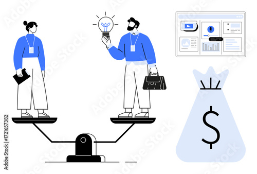 Two professionals balancing on a scale with a lightbulb, data charts, and money bag representing ideas, data analysis, and investment. Ideal for teamwork, business decisions, innovation, scaling