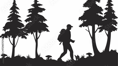 Silhouette of a hiker with backpack walking through a forest with trees and mushrooms in black and white | editable eps vectors