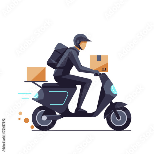 A modern courier swiftly transports packages on an electric scooter, symbolizing efficient last-mile delivery services in urban environments.