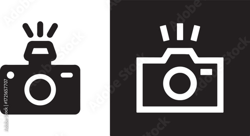 camera, photo camera, icon, symbol, flash, photography, graphic, design, element, technology, media, digital, equipment, black, white, white background, black background, square, simple, clean, modern