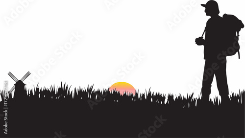 Silhouette of a backpacker with a camera and a windmill at sunset in a field landscape scenery | editable eps vectors