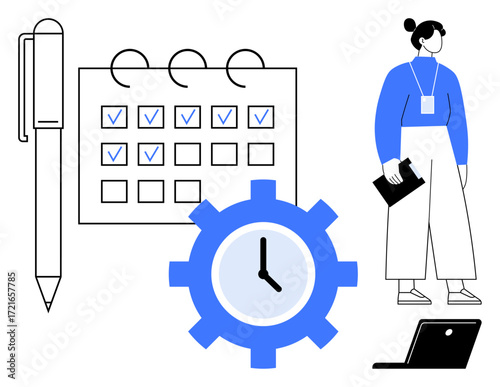 Calendar with checkmarks, gear with clock face, pen, professional figure holding clipboard, and laptop. Ideal for organization, productivity, teamwork, planning scheduling task management simple