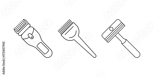 Hair clipper, dye brush, shaving razor, barber equipment, grooming instrument, minimal vector icon set illustration line.