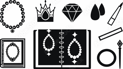 Illustration featuring jewelry, crown, diamond, makeup applicators and an open jewelry book design | editable eps vectors silhouette