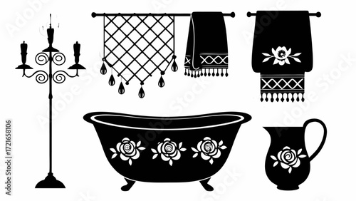 Black and white bathroom scene with bathtub, towels, pitcher, chandelier, and window covering design | editable eps vectors silhouette