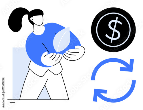 Person holding a leaf representing eco-consciousness, dollar coin for finance, and blue arrows for recycling. Ideal for sustainability, eco-business, green economy, renewable energy, conservation