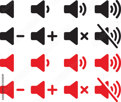 speaker, volume, sound, audio, icon, set, collection, mute, low, medium, high, increase, decrease, plus, minus, cross, notification, alert, interface, ui, ux, graphic, design, symbol, technology, medi