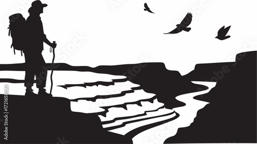 Silhouette of a hiker with backpack overlooking a canyon with river and birds flying in the sky view | editable eps vectors