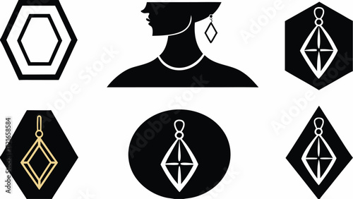 Illustration showing a woman silhouette wearing a diamond earring with other diamond shaped icons around her | editable eps vectors