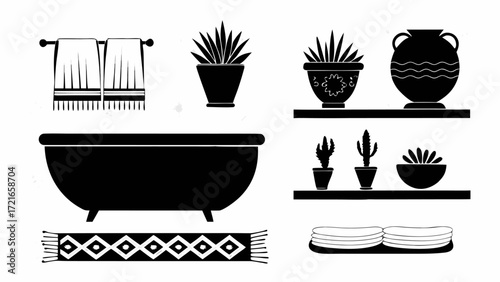 Illustration of a bathroom scene with a bathtub towels plants shelves and a rug in black and white color scheme | editable eps vectors silhouette