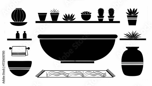 Black and white illustration of bathroom interior with various plants and accessories on shelves and floor | editable eps vectors silhouette