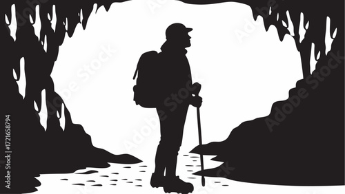 Silhouette of a hiker with backpack and walking stick in a cave with stalactites and rocky terrain | editable eps vectors