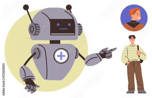 Robot with medical cross gestures towards two individuals, one in focus. Ideal for technology, healthcare, AI interaction, innovation, communication, telemedicine virtual assistance. Simple flat