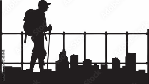 Silhouette of a hiker with backpack and trekking poles walking above a city skyline on an elevated walkway | editable eps vectors