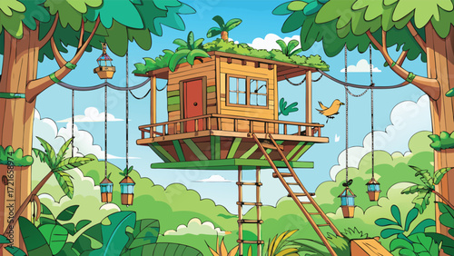 Whimsical jungle treehouse adventure high above lush greenery with tropical flora and fauna vector