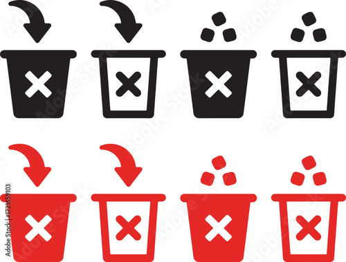trash can, garbage bin, delete, remove, disposal, icon, symbol, arrow, down arrow, crumbs, waste, rubbish, vector, graphic, design, black, red, white background, action, process, adding, filling, disc