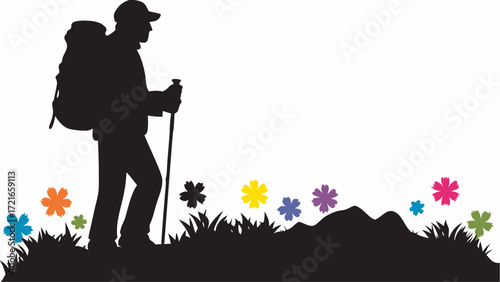 Silhouette of a hiker with backpack and walking stick surrounded by colorful flowers and grass field | editable eps vectors