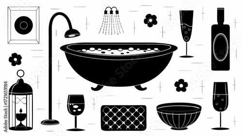 Illustration of a bathtub with bubbles, shower, wine glasses, and decorative items in black and white | editable eps vectors silhouette