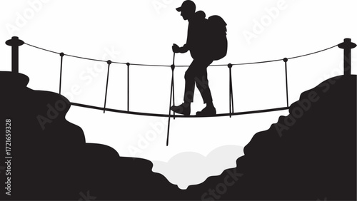 Silhouette of a hiker with backpack crossing a rope bridge between two cliffs in a mountainous landscape | editable eps vectors