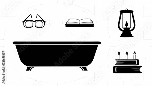 Black bathtub with glasses, book, lantern and books with candles on a white brick background illustration | editable eps vectors silhouette