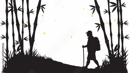 Silhouette of a hiker with backpack and walking stick amidst bamboo trees and fireflies at dusk landscape | editable eps vectors