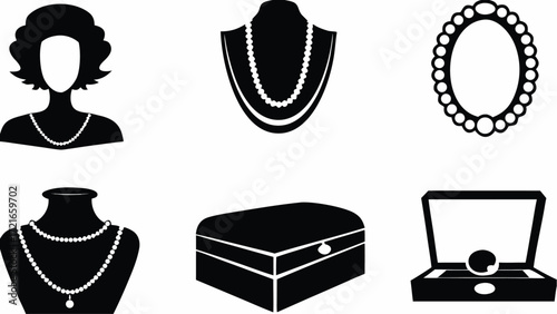Black silhouettes of jewelry including necklaces on mannequins and a pearl in an open jewelry box shown | editable eps vectors