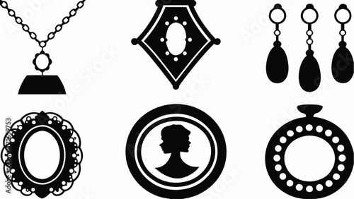 Illustration of various jewelry items including a necklace earrings and several decorative pendants designs | editable eps vectors silhouette