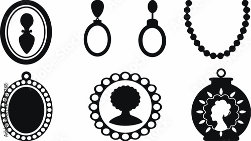 Illustration of a collection of silhouette cameo pendants earrings and a beaded necklace jewelry set | editable eps vectors
