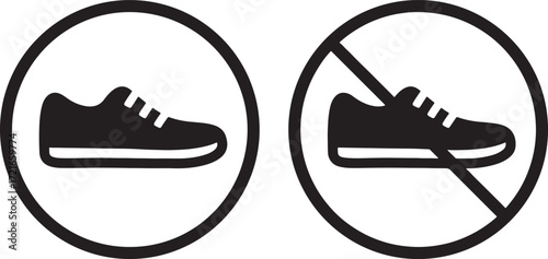 shoe, sneaker, footwear, icon, symbol, prohibition, forbidden, banned, restriction, no, circle, cross, graphic, design, illustration, black and white, safety, warning, rule, regulation, clean, simple,
