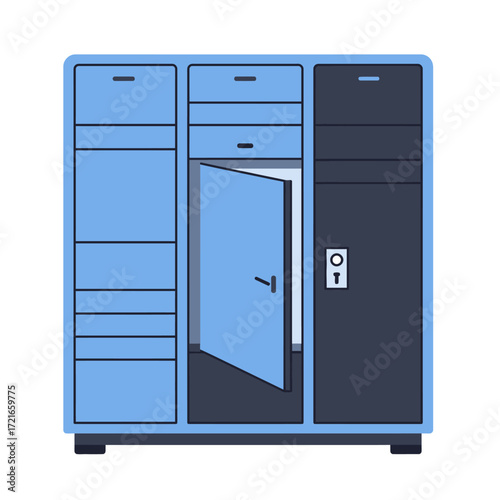 An innovative blue and grey self-service parcel locker, with an open door, highlights efficient package delivery solutions and modern logistics, ensuring convenient urban pickup.