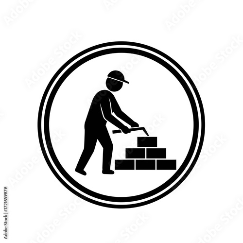Bricklayer constructing brick wall with trowel in a circular frame icon