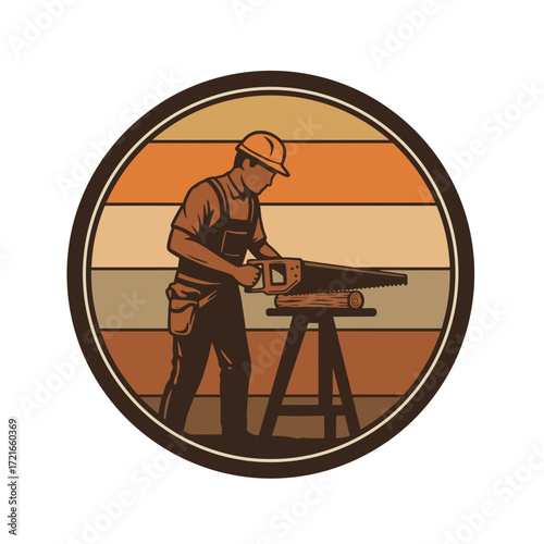 Carpenter sawing wood with hand saw in retro styled woodworking design