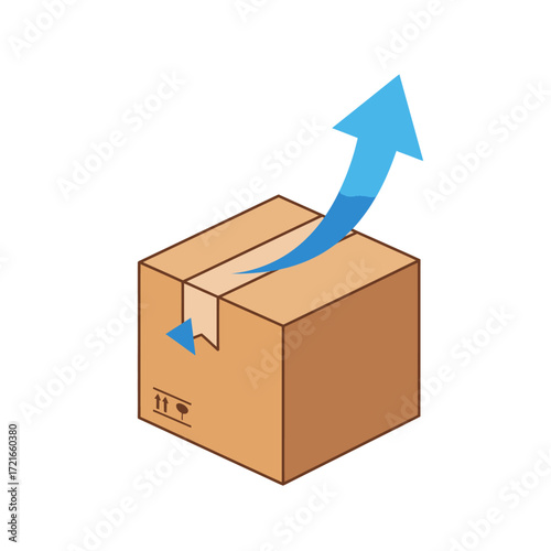 This modern vector graphic shows a brown cardboard box with an upward blue arrow, symbolizing efficient package delivery, swift shipping, and reliable logistics.