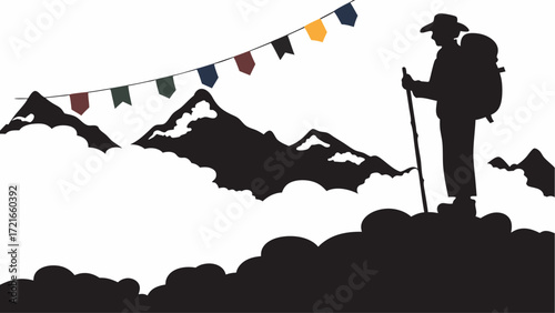 Silhouette of a hiker with backpack and hat standing on a mountain with prayer flags in the background | editable eps vectors