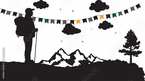 Silhouette of a hiker with backpack and stick standing on a hill with mountains and clouds under a banner | editable eps vectors