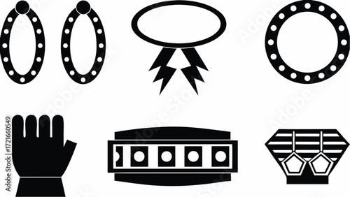 Illustration of various black and white objects including jewelry and a gloved hand design art | editable eps vectors silhouette