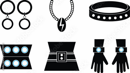 Illustration showing earrings necklace bracelet eyeshadow belt and gloves with wristbands in black and white | editable eps vectors silhouette